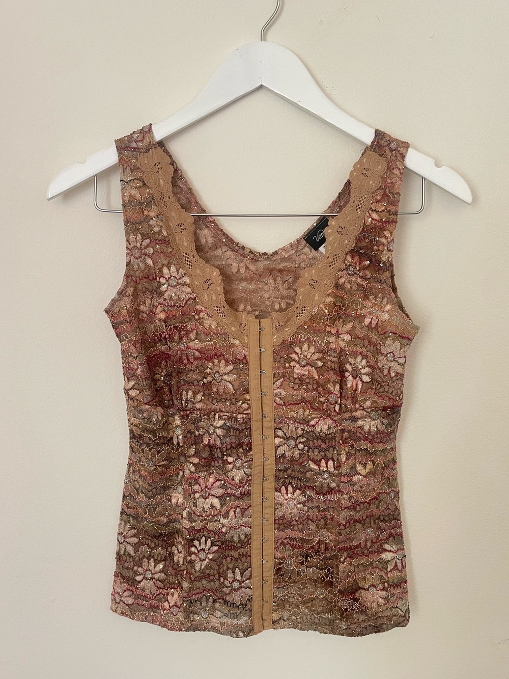 Vanity Y2K Glitter Floral Lace Hook Front Close Tank Top Cami Fairycore Whimsy